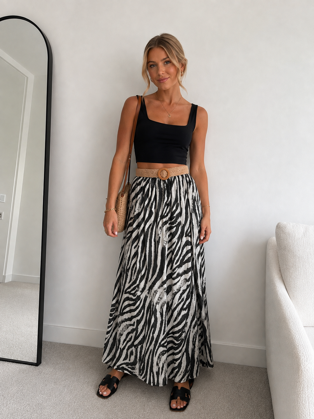 ZEBRA MAXI SKIRT WITH WOVEN BELT
