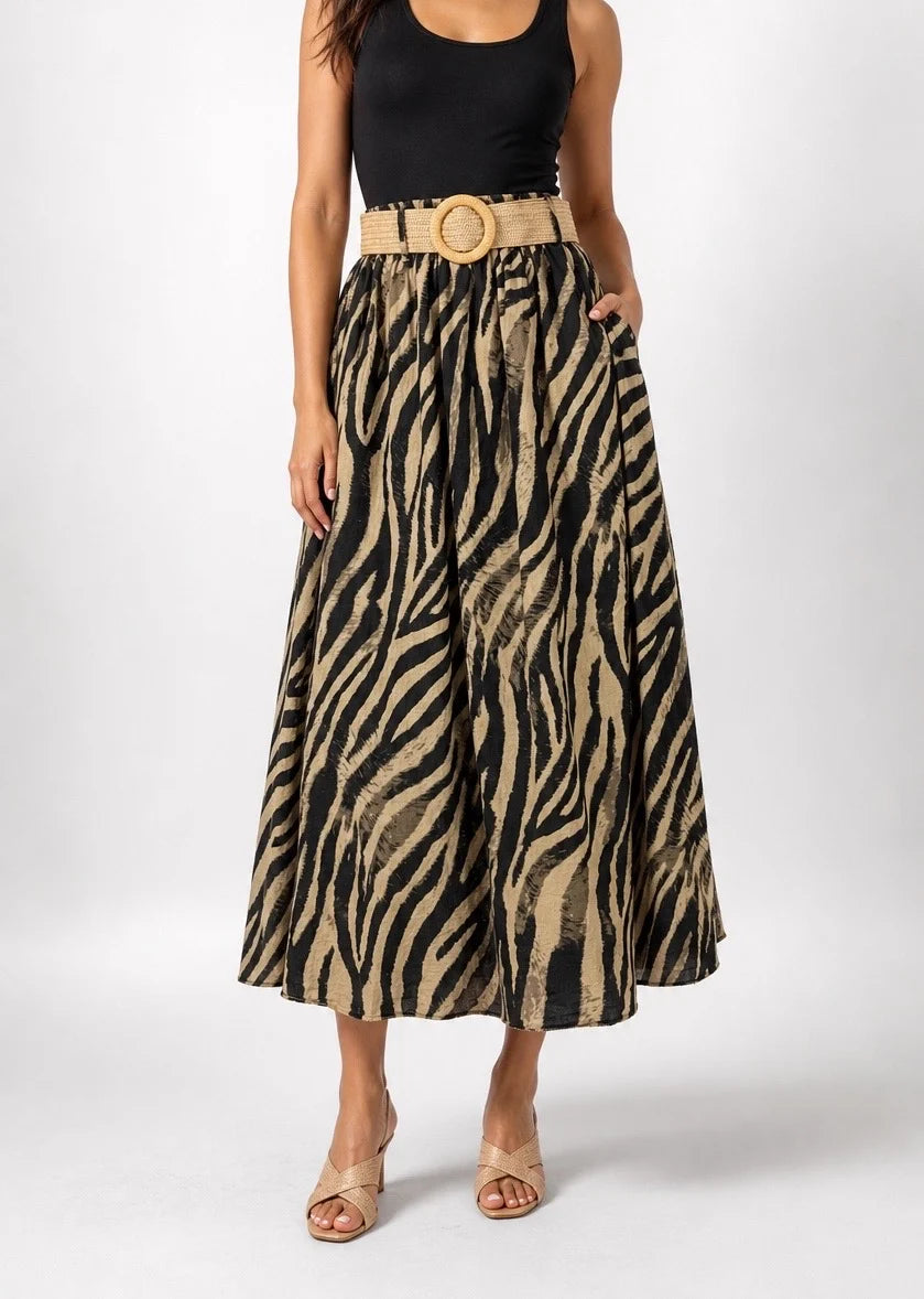 ZEBRA MAXI SKIRT WITH WOVEN BELT