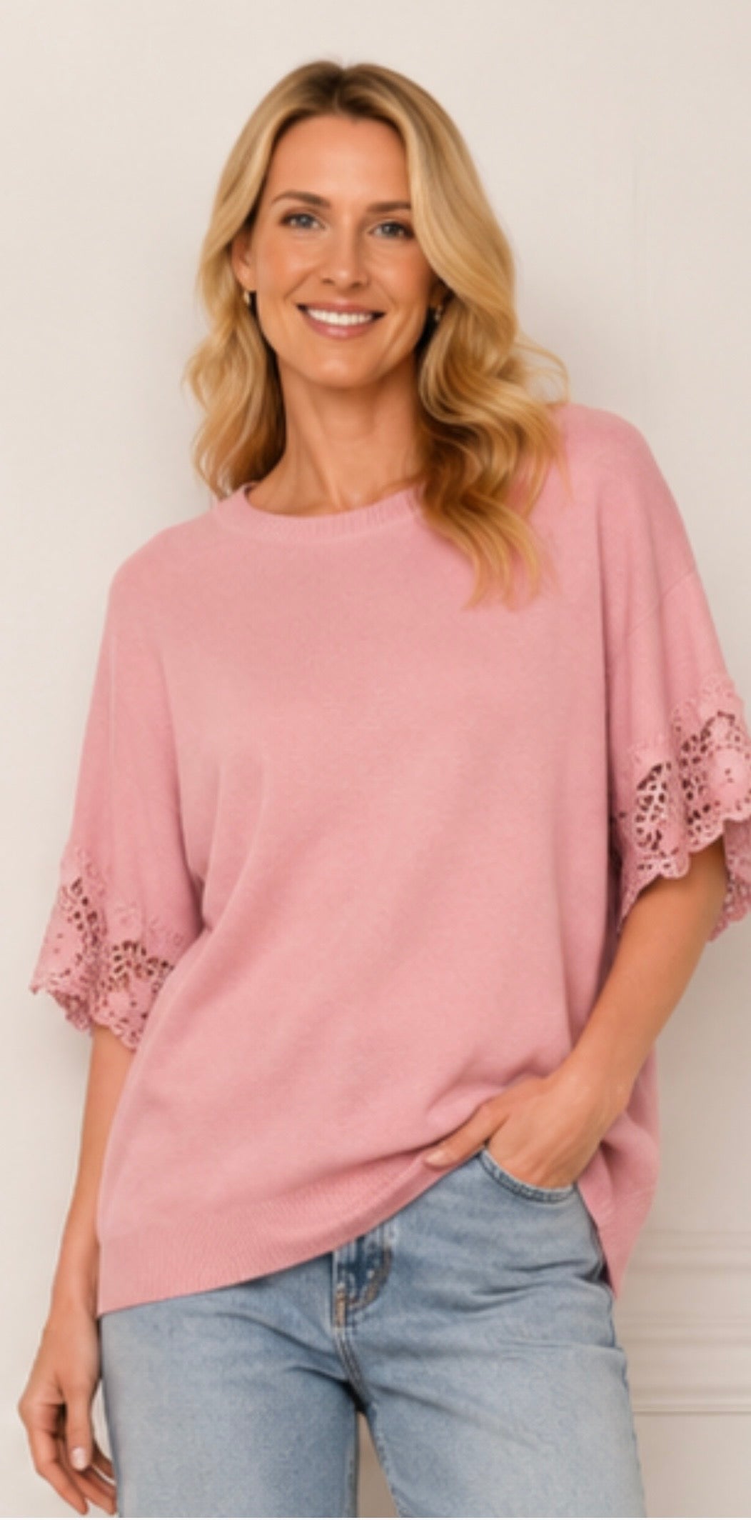 FIONA KNIT JUMPER WITH LACE SLEEVES  (8-18)