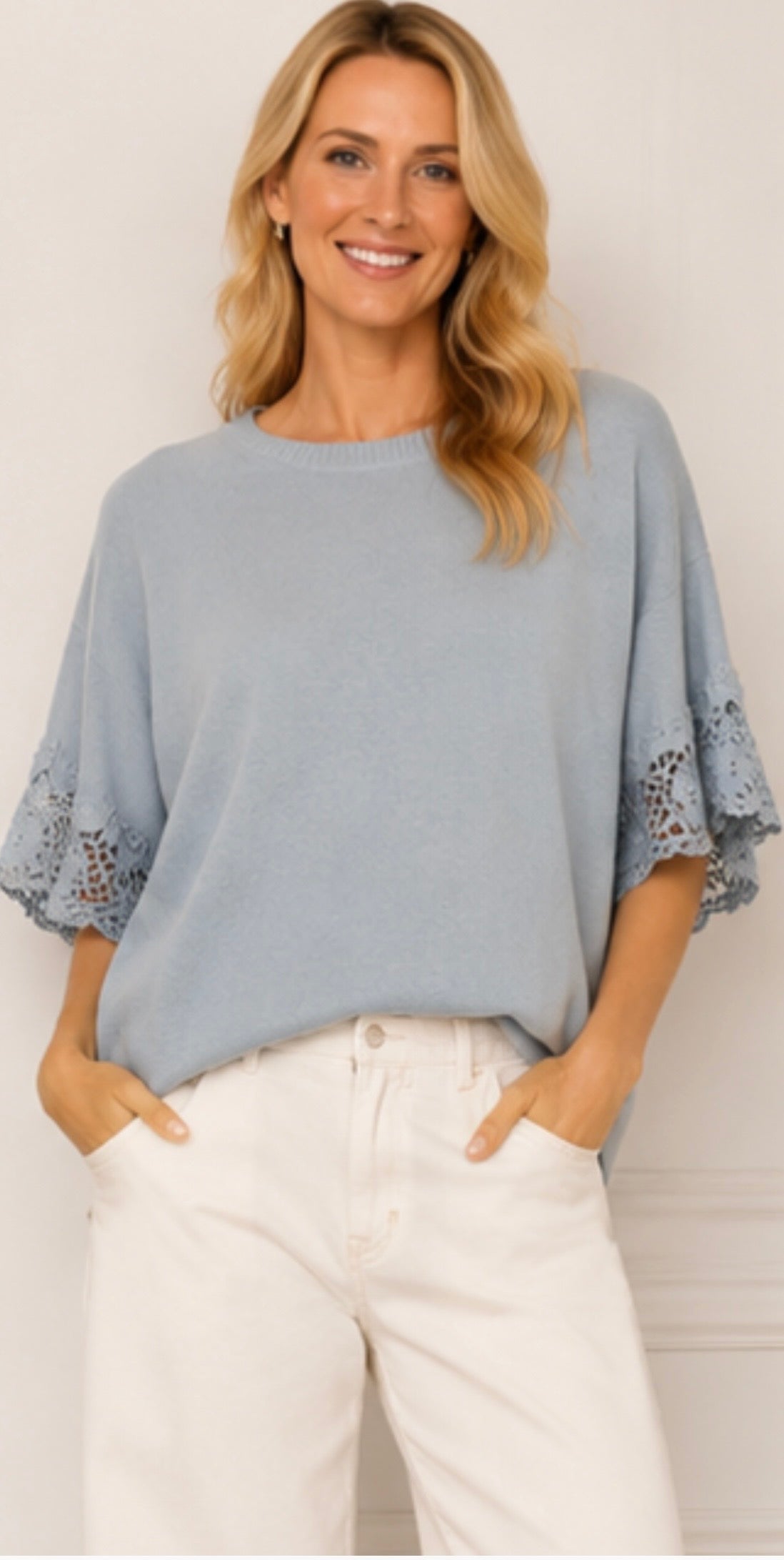 FIONA KNIT JUMPER WITH LACE SLEEVES  (8-18)