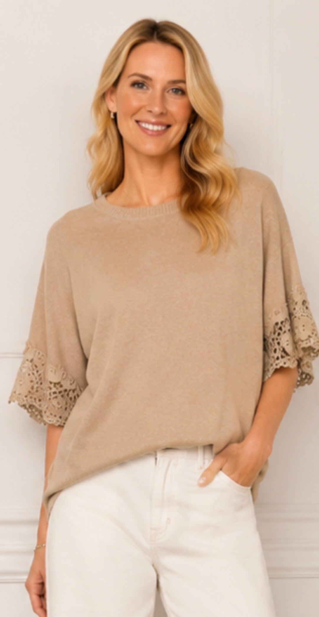 FIONA KNIT JUMPER WITH LACE SLEEVES  (8-18)