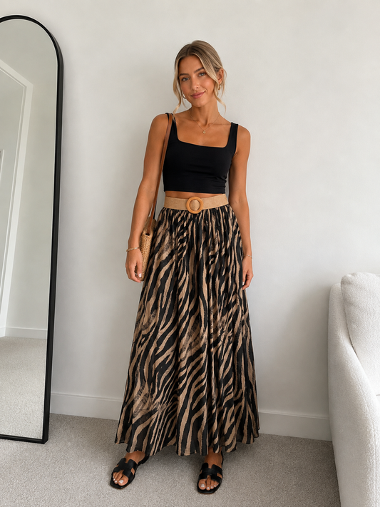 ZEBRA MAXI SKIRT WITH WOVEN BELT
