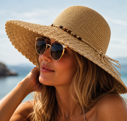Folding Wide Brim Travel Sun Hat - Dark Beaded Band (57cm)