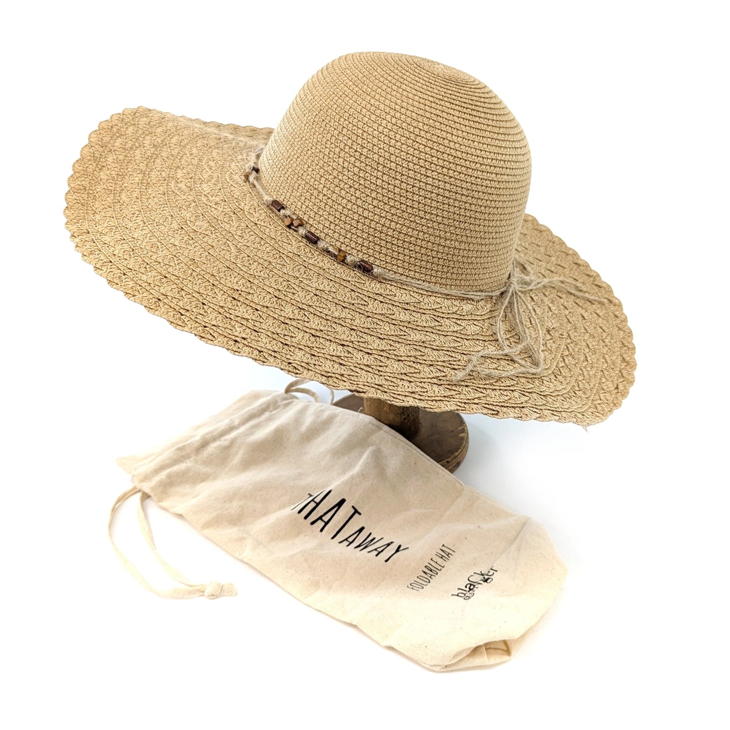 Folding Wide Brim Travel Sun Hat - Dark Beaded Band (57cm)