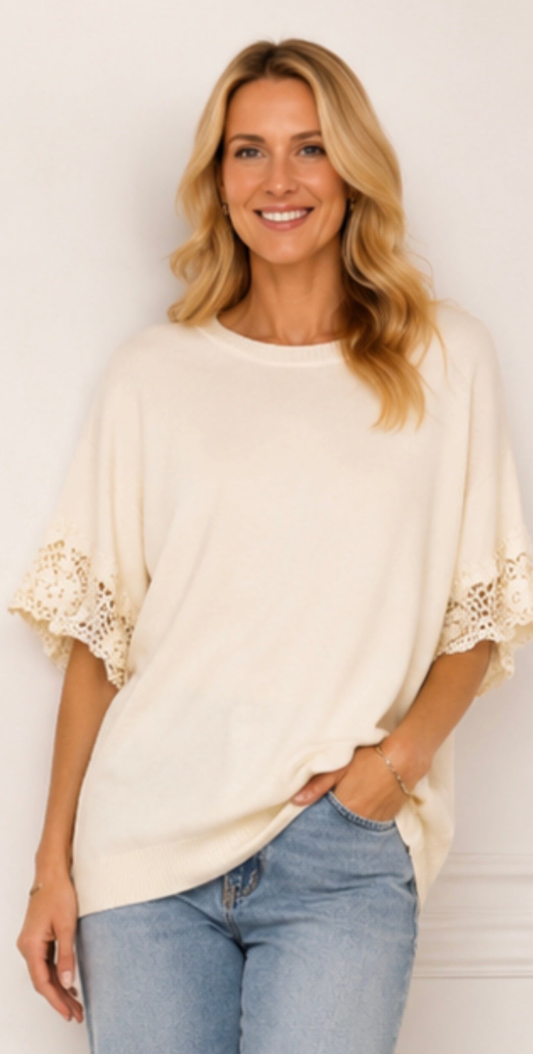 FIONA KNIT JUMPER WITH LACE SLEEVES  (8-18)