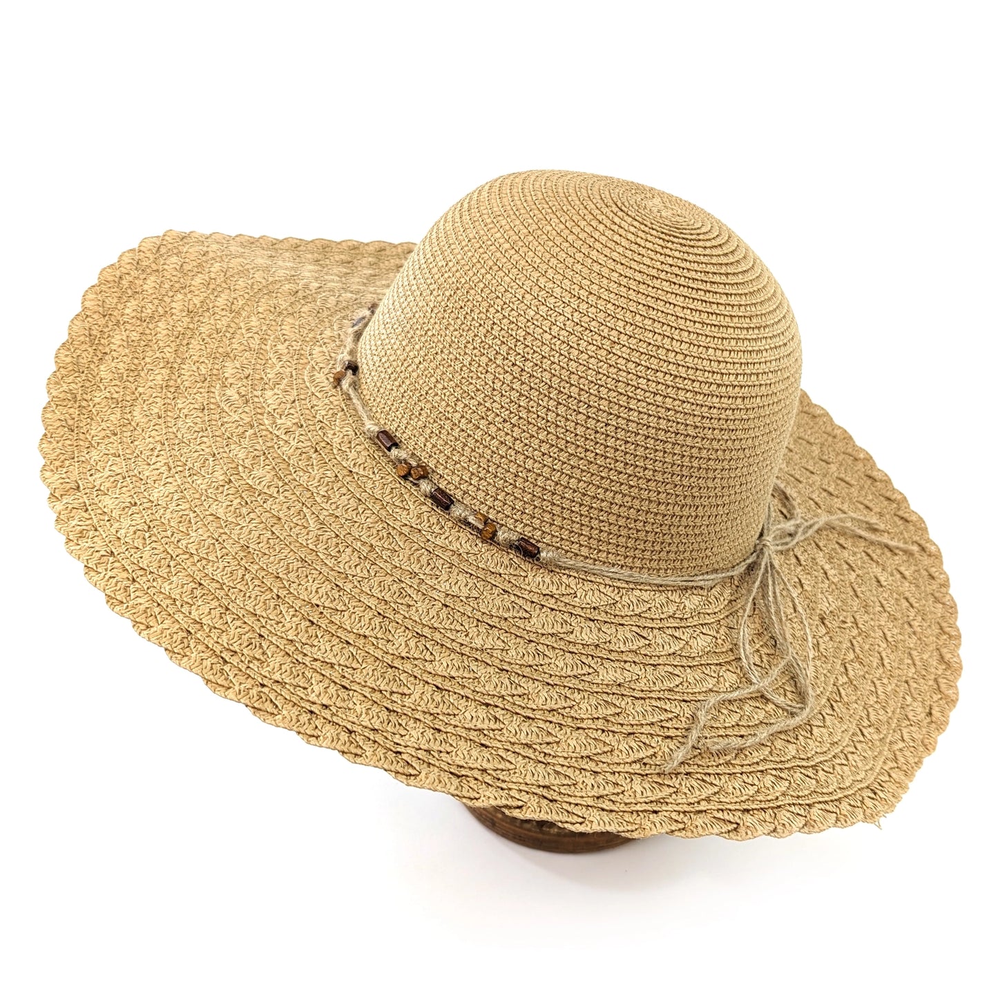 Folding Wide Brim Travel Sun Hat - Dark Beaded Band (57cm)