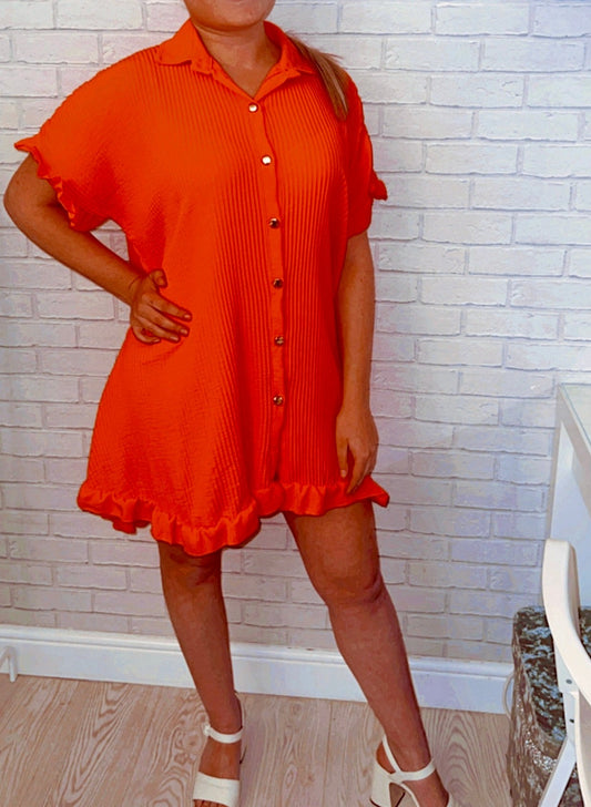 Pleated Button Dress in Orange